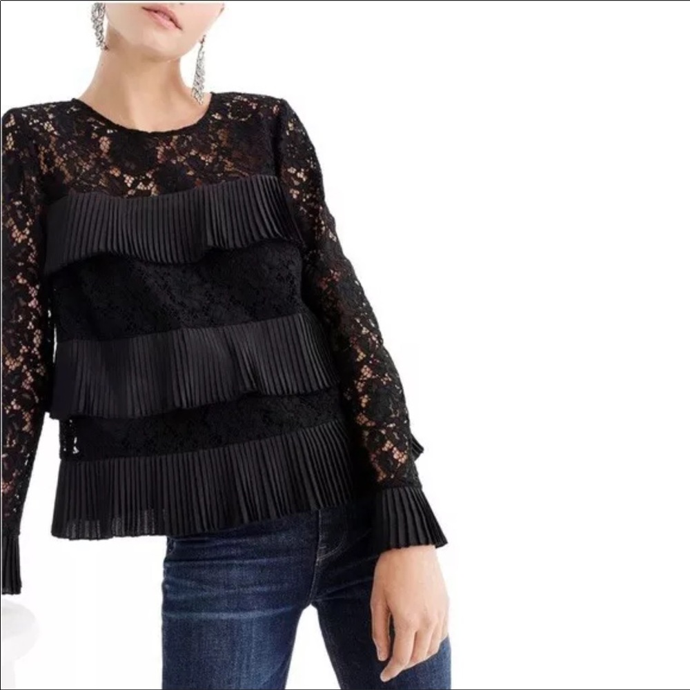 J. Crew Lace Ruffle Tiered Long Sleeve Black Top